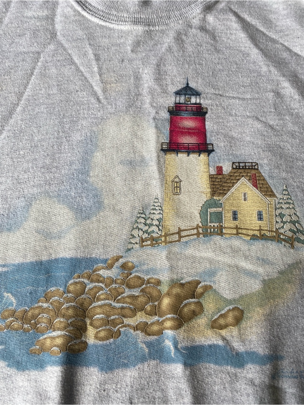 Vintage Light Gray Crewneck Sweatshirt with Red Lighthouse Graphic - Picture 2 of 4
